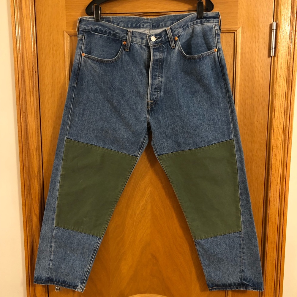 Levi's Drop Crop Green Double Knee Patches Tapered Leg Button Fly Jeans Size 36
